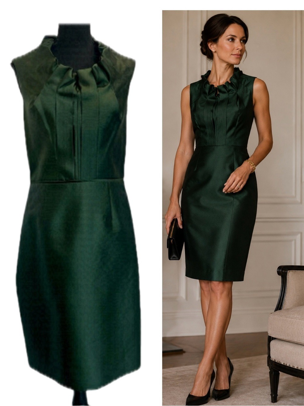 CARLISLE green silk wool ruffle neck sleeveless dress Sz 12 NWOT